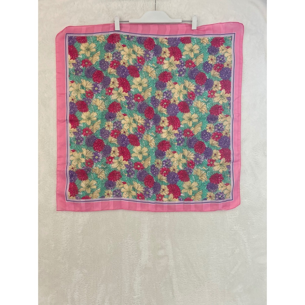 Vintage‎ Pink Floral Square Scarf Purple Yellow Teal Dahlia Print 30x30